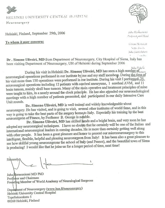 Lettera di referenza – Helsinki University Central Hospital, 2006
