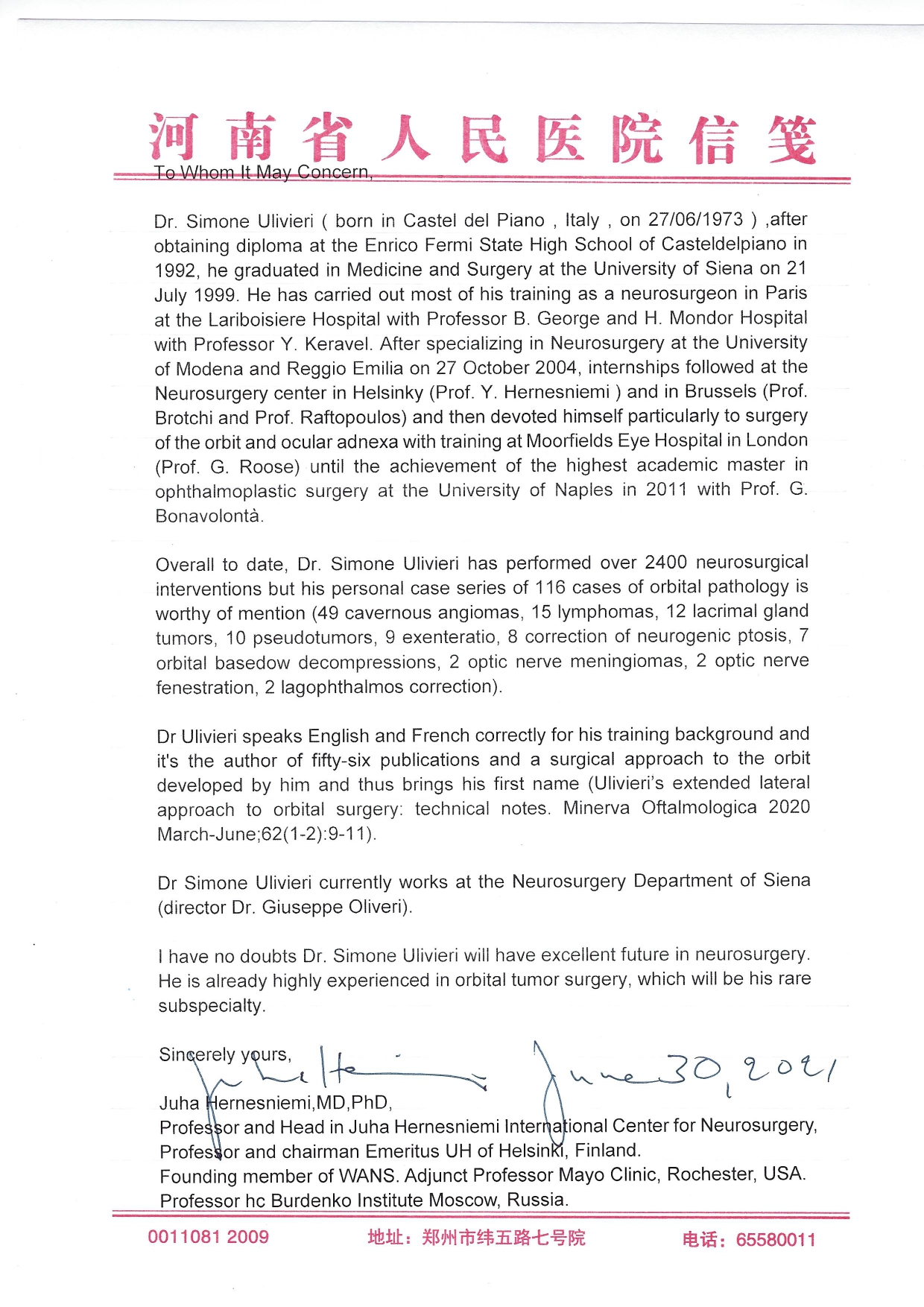Lettera di referenza internazionale con dettagli su casistica e formazione
